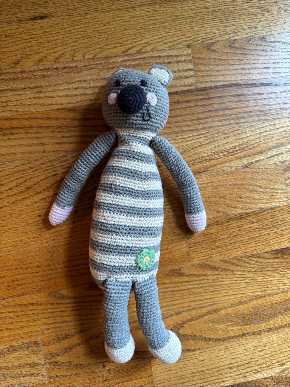 Pebble Grey Striped Handmade Knit Koala Plush Rattle with Pink Accents
